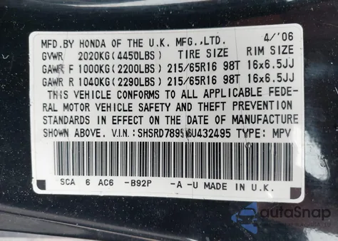 2006 Honda Cr-V Se z USA, uszkodzony, nr VIN SHSRD78956U432495
